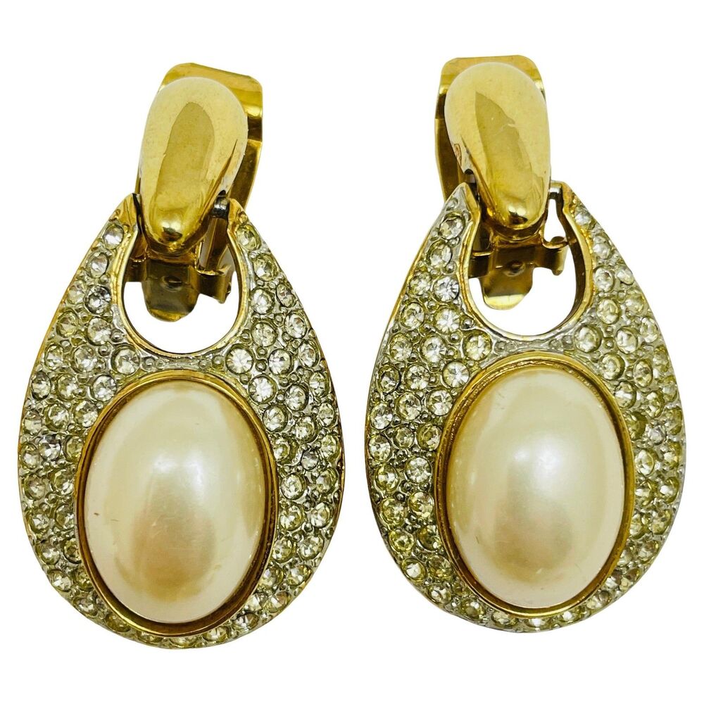 ERWIN PEARL PEP signed vintage gold pearl crystal designer 80's clip on earrings
